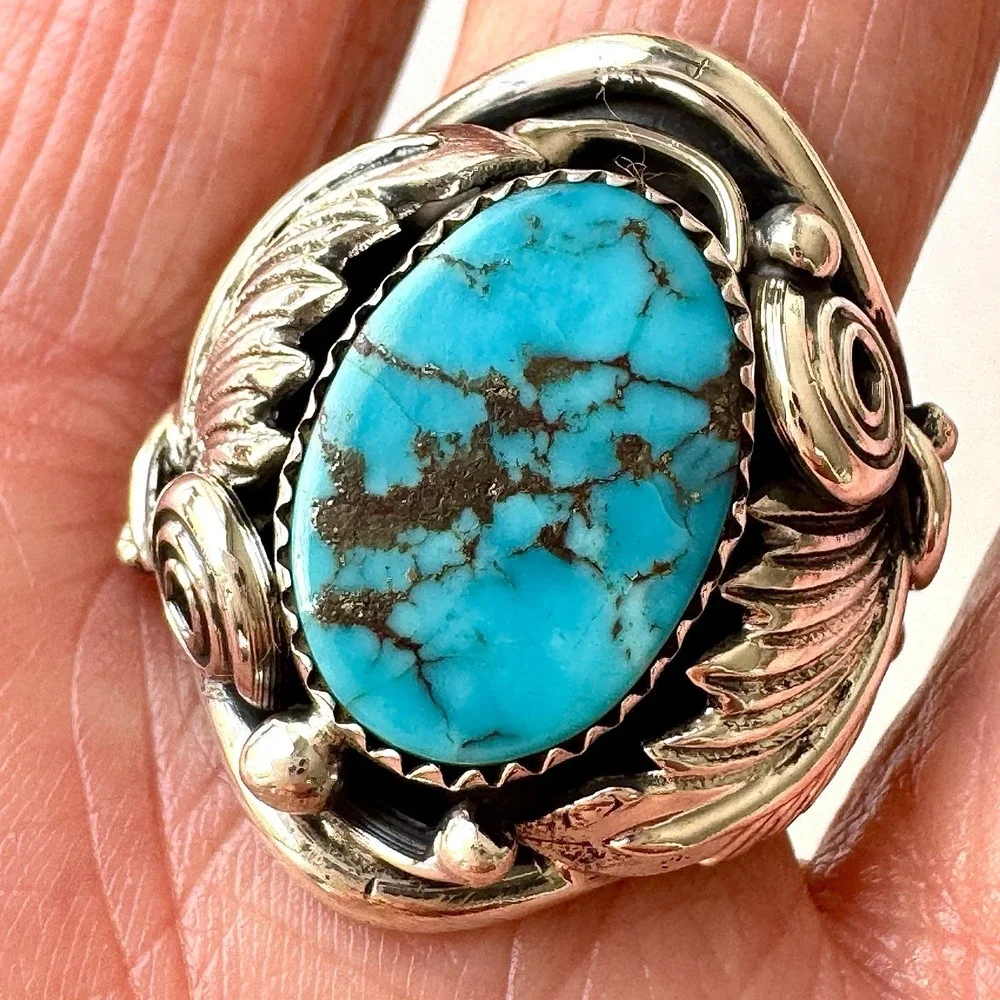 Navajo Turquoise Mens Ring Sz 11 Leaf Feather Signed Morgan Sterling Native Amer